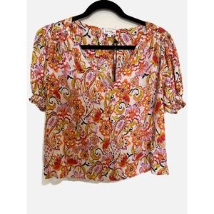 NICOLE MILLER floral short sleeve shirt with v-neck in size Medium